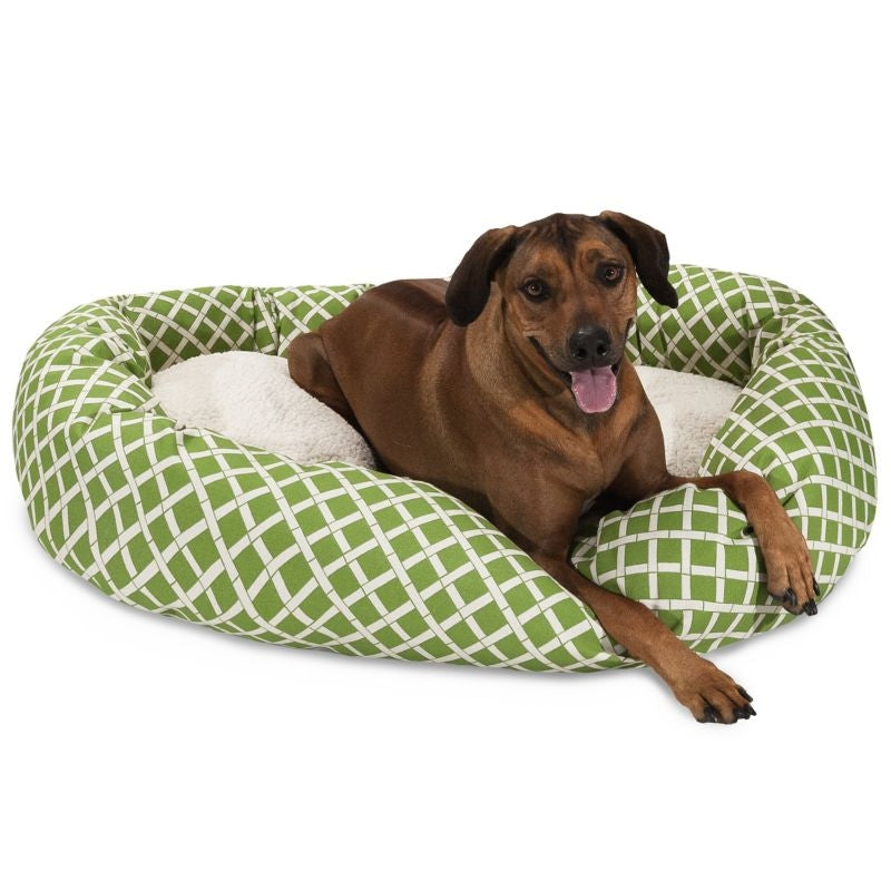 Msdfvs | Sage Green Sherpa Bagel Pet Bed with Bamboo Pattern, Round Indoor Rest Bed