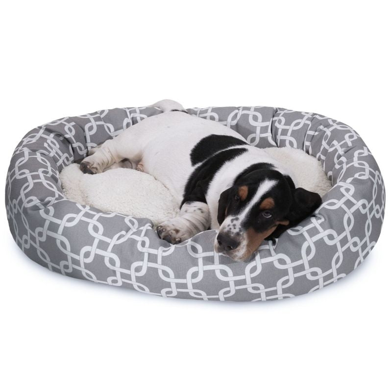 Msdfvs | Sherpa Bagel Pet Bed with Patterned Exterior, Round Indoor Bed for Dogs and Cats
